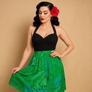 Vintage 80s Topics‎ California Green Tropical Leaf Print Rayon Midi Skirt M Tiki